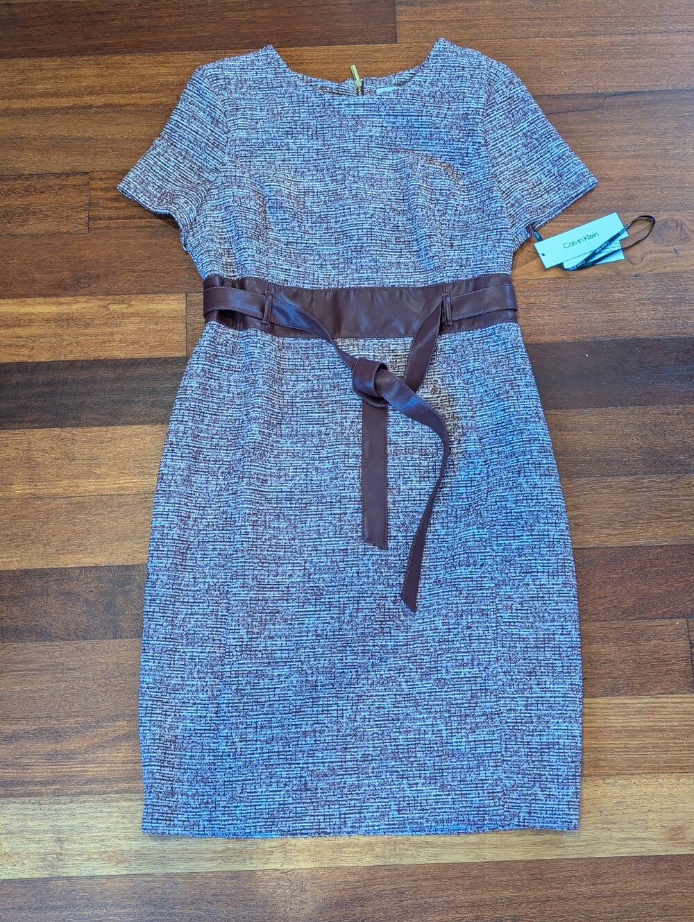 Calvin Klein Purple Tweed Sheath Dress with Waist Tie - Picture 2 of 7